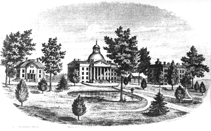 Contemporary artist's rendering of the MU Columbia campus in 1872, shortly after completion of Switzler Hall seen on the right above.