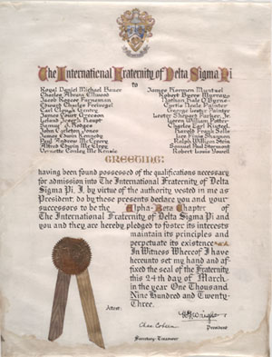 image of Delta Sigma Pi charter for the Alpha Beta chapter