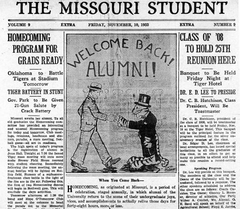 The Missouri Student Welcomes MU Graduates to Homecoming, 1933