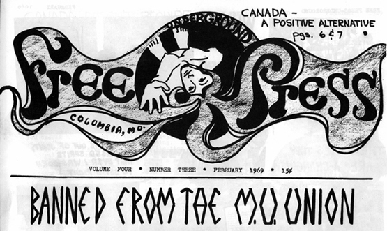 Top half of the 'Free Press Underground' cover, February 1969, which contains the controversial cartoon in the lower half of the page (lower half not shown).