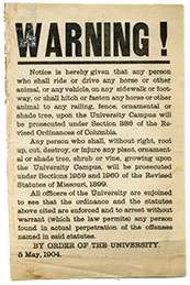 1904 university announcement printed on linen warning against riding or driving 
