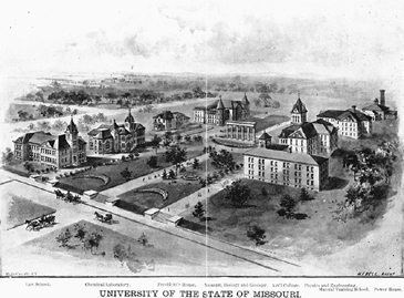 An artist's rendering of changes and additions planned for MU's campus a short time after the Old Academic Hall fire, 1893