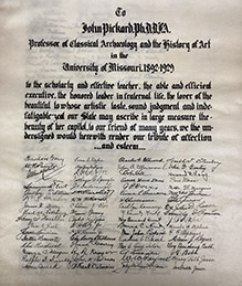 An honor tribute from friends and colleagues to John Pickard on his retirement in 1929. Signatures include Forrest Donnell, James Jamieson, and North Todd Gentry.