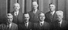 Six members of the Memorial Committee of Nine as depicted in the 1929 Savitar, including Luther M. Defoe on the lower left. The Committee consisted of three alumni, three faculty, and three students. Also included is R. L. Hill (back row, right), Alumni Recorder and the secretary of the Committee.