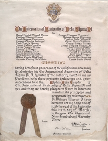 Charter of the University of Missouri's Alpha Beta Chapter of the Professional Business Fraternity Delta Sigma Pi, 1923.